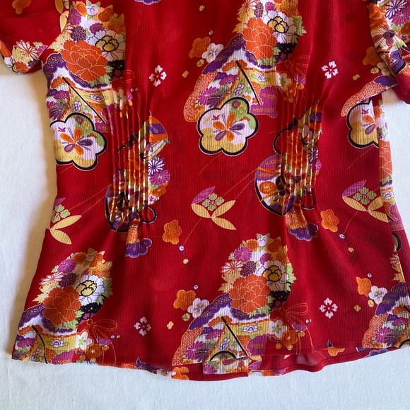Vtg Michele Michelle Short Sleeve Blouse Sz Med Red Boho Colorful Office Pleated - Picture 4 of 11